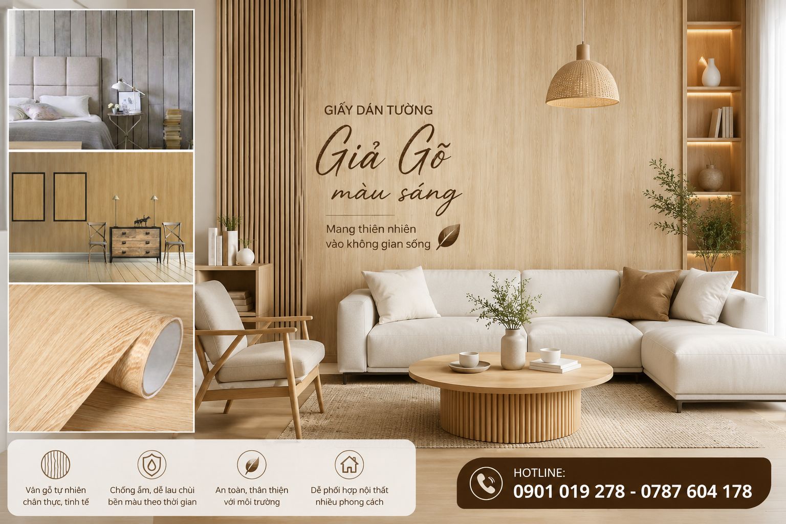 giấy dán tường giả gỗ màu sáng