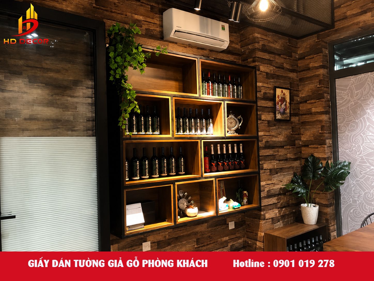 giấy dán tường giả gỗ phòng khách 