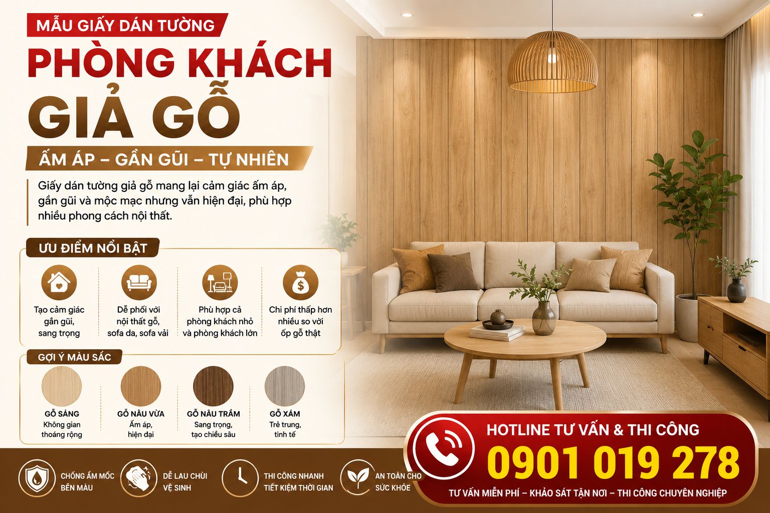 giấy dán tường giả gỗ phòng khách 