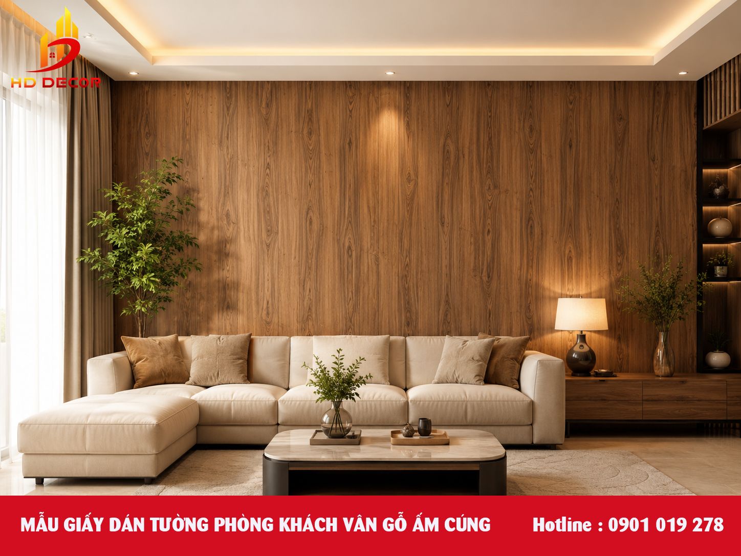 giấy dán tường giả gỗ phòng khách 