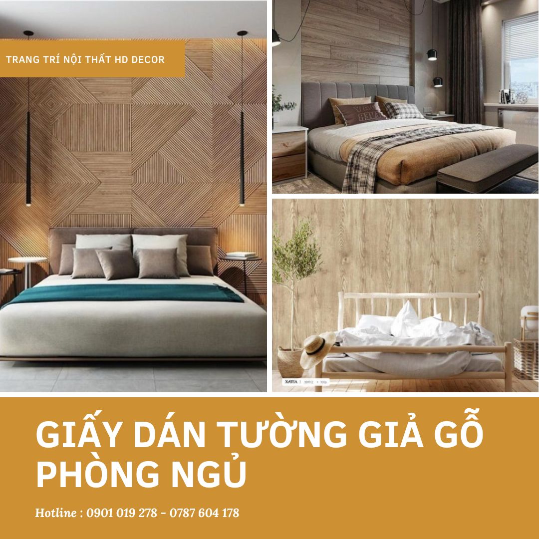 decor phòng ngủ với giấy dán tường giả gỗ 