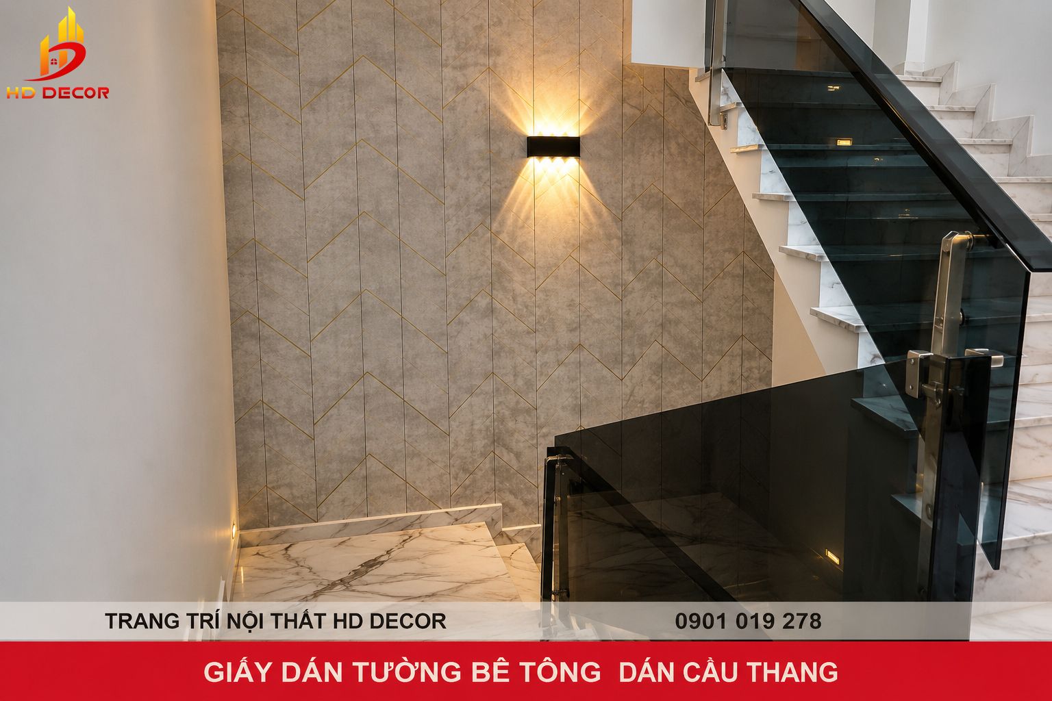 giấy dán tường giả xi măng cầu thang