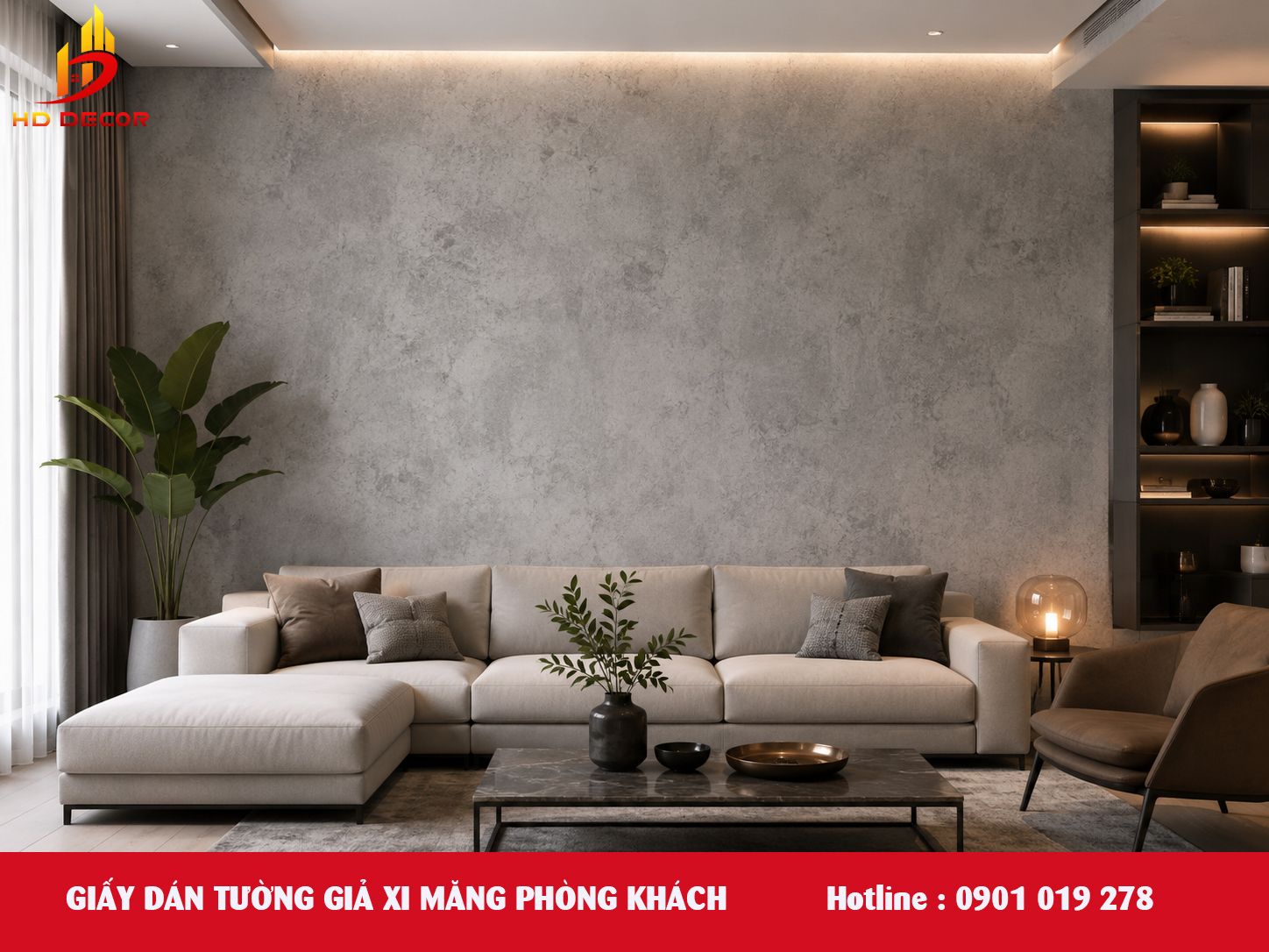 giấy dán tường giả xi măng phòng khách 