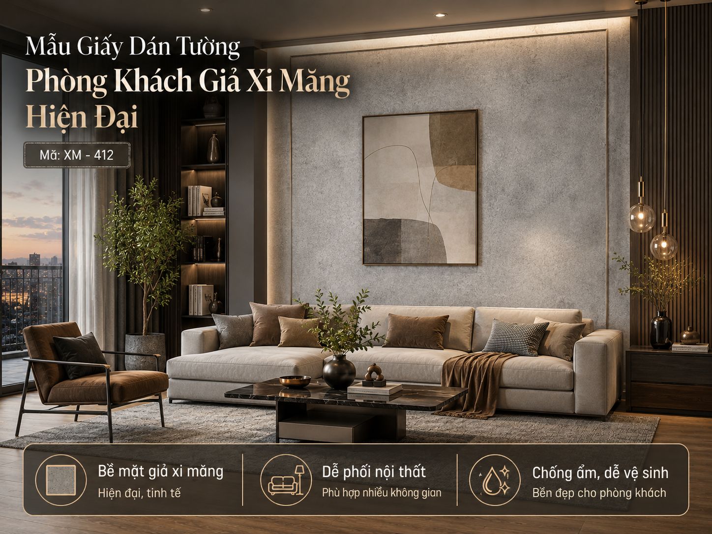 giấy dán tường phòng khách giả xi măng 