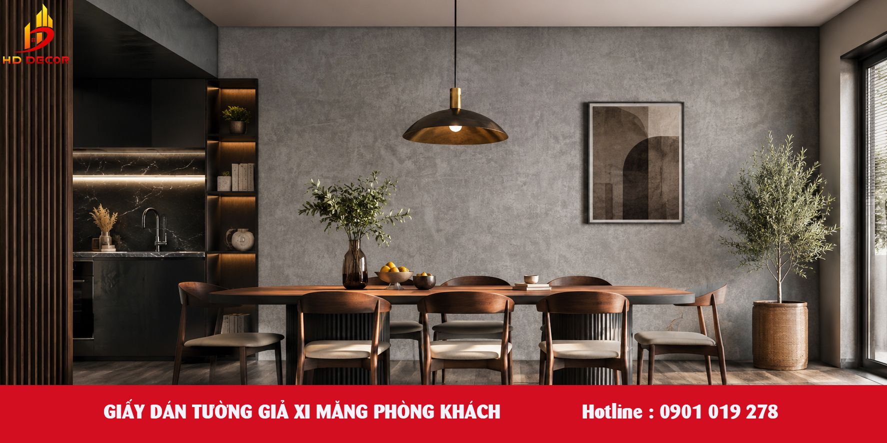 giấy dàn tường xi măng phòng khách 