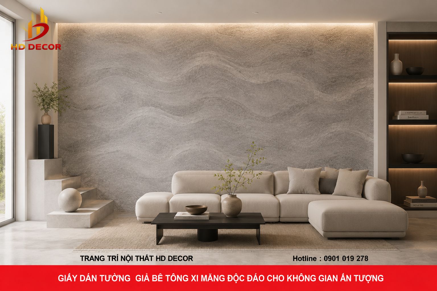 giấy dán tường giả xi măng phòng khách
