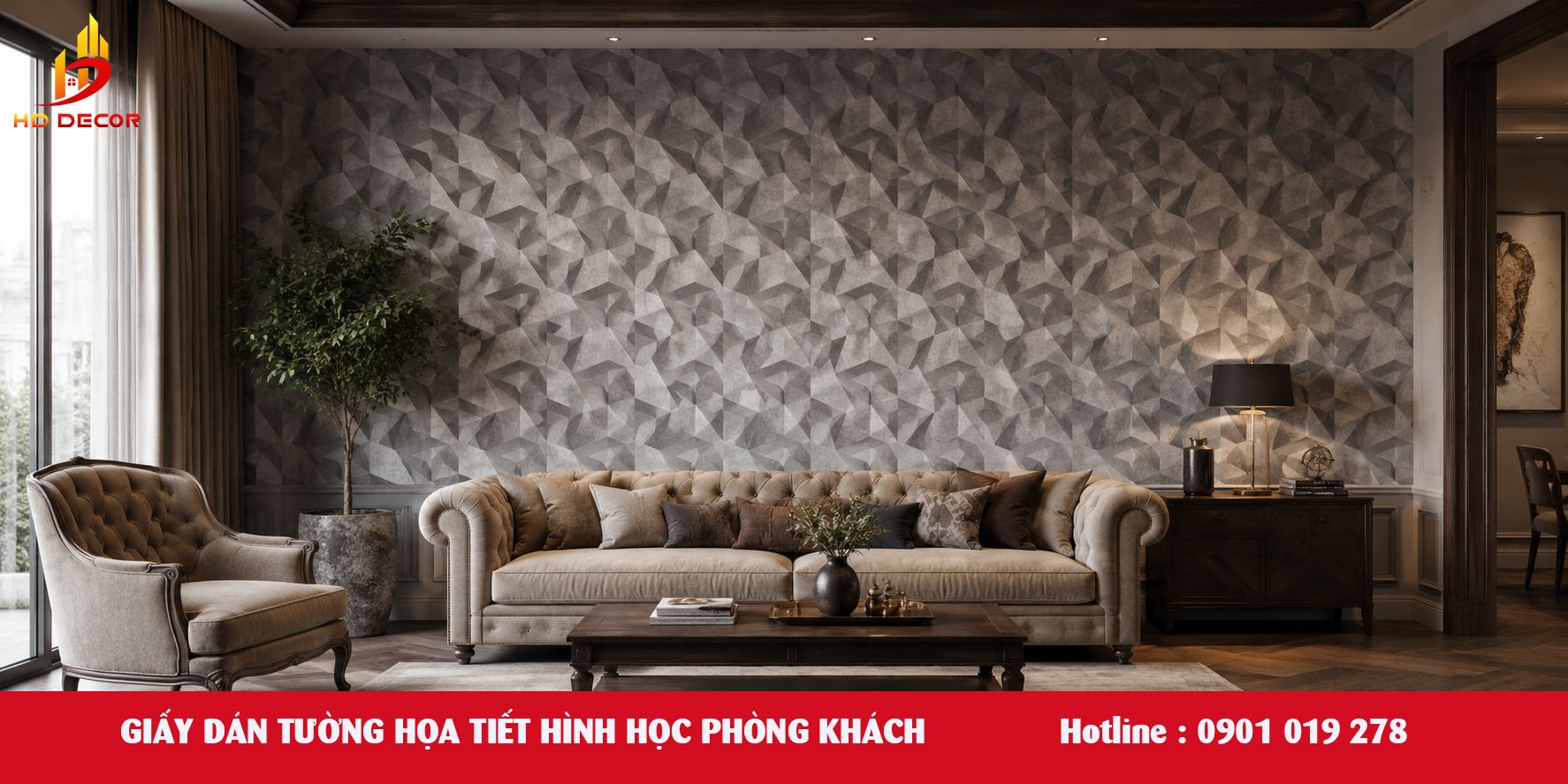 giấy dán tường họa tiết hình học phòng khách 