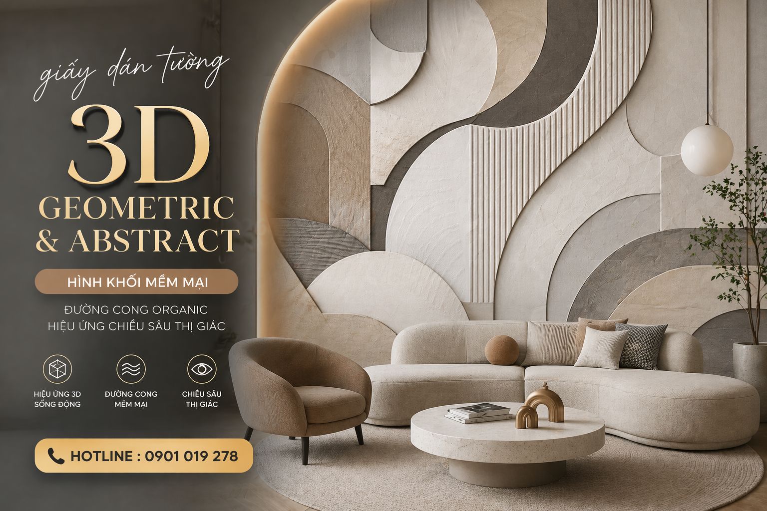 3D Geometric & Abstract: Hình khối mềm mại, đường cong organic, hiệu ứng chiều sâu thị giác.