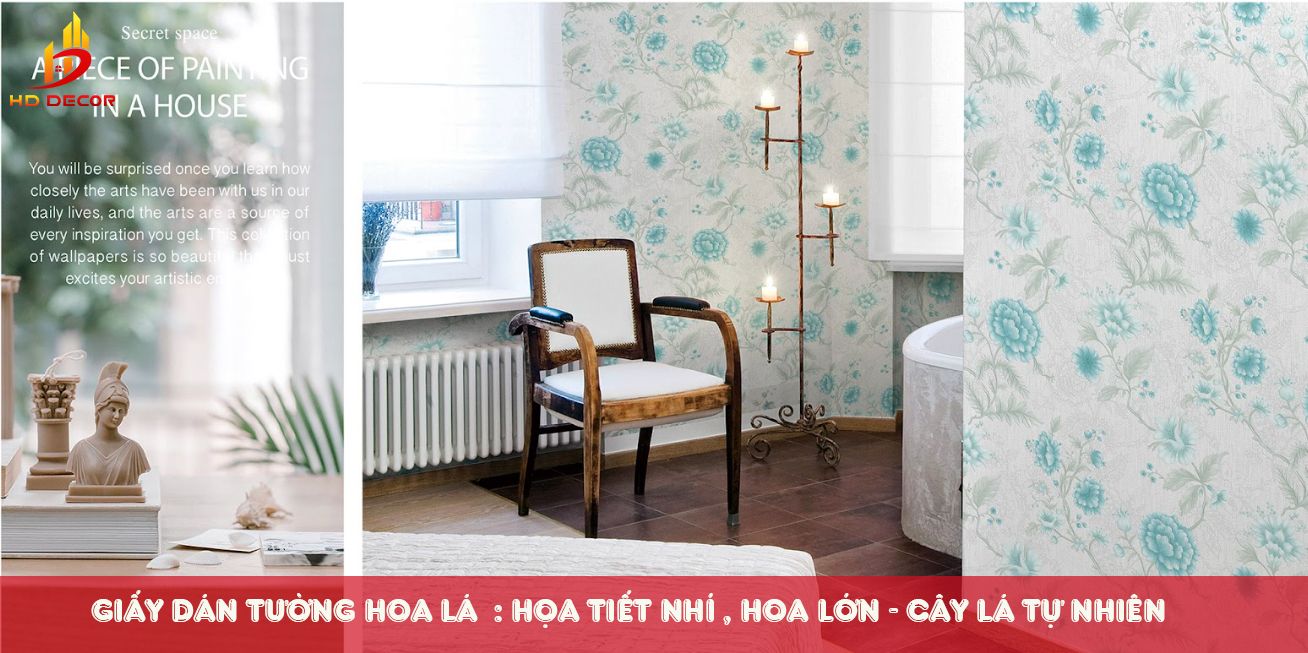 giấy dán tường hoa lá họa tiết nhí , hoa lớn - cây lá tự nhiên