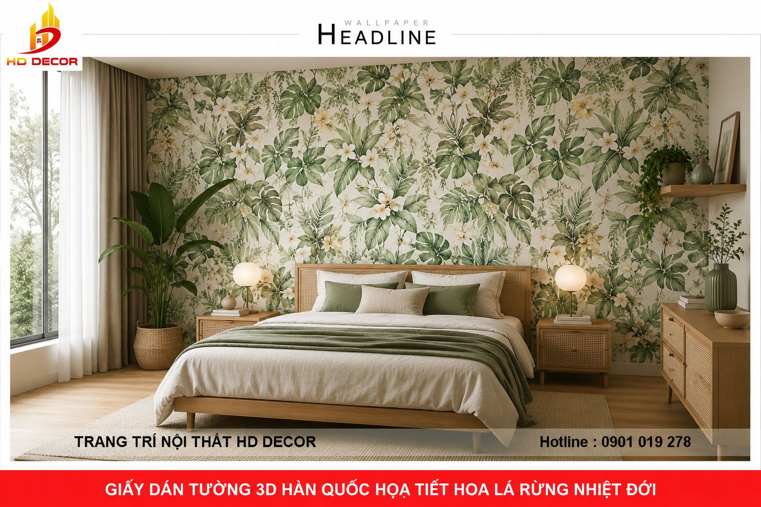 giấy dán tường hoa lá phòng ngủ