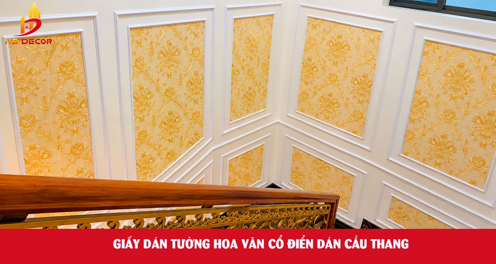 giấy dán tường hoa văn cổ điển dán cầu thang 
