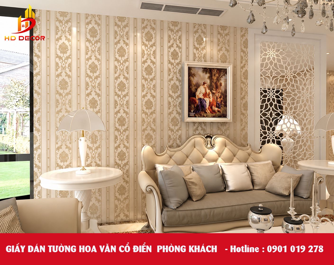 giấy dán tường hoa văn cổ điển phòng khách 