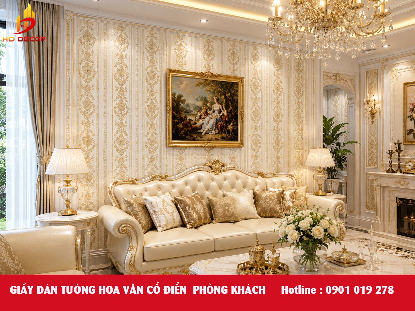 giấy dán tường hoa văn cổ điển phòng khách 