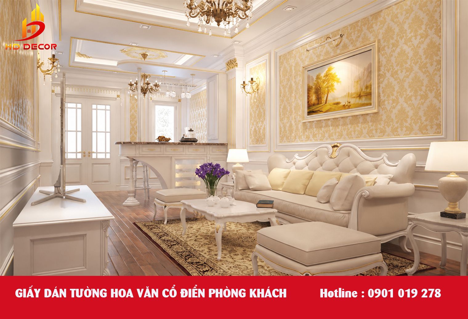 giấy dán tường hoa văn cổ điển cho phòng khách 