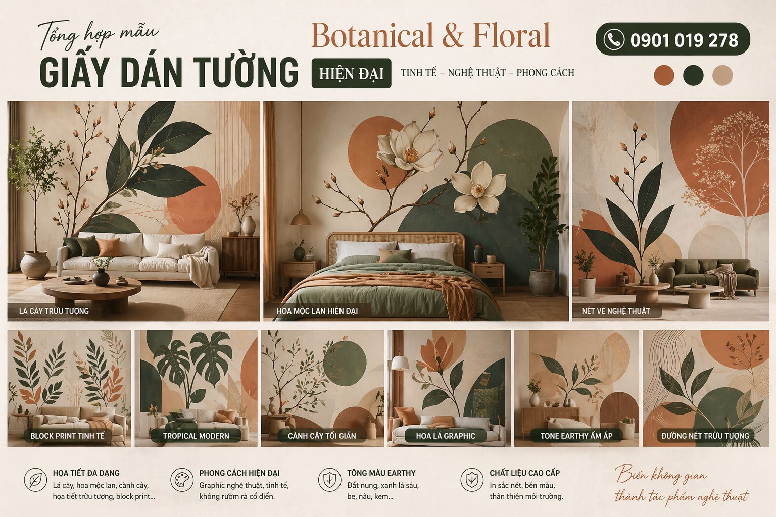 giấy dán tường phong cách Botanical & Floral hiện đại