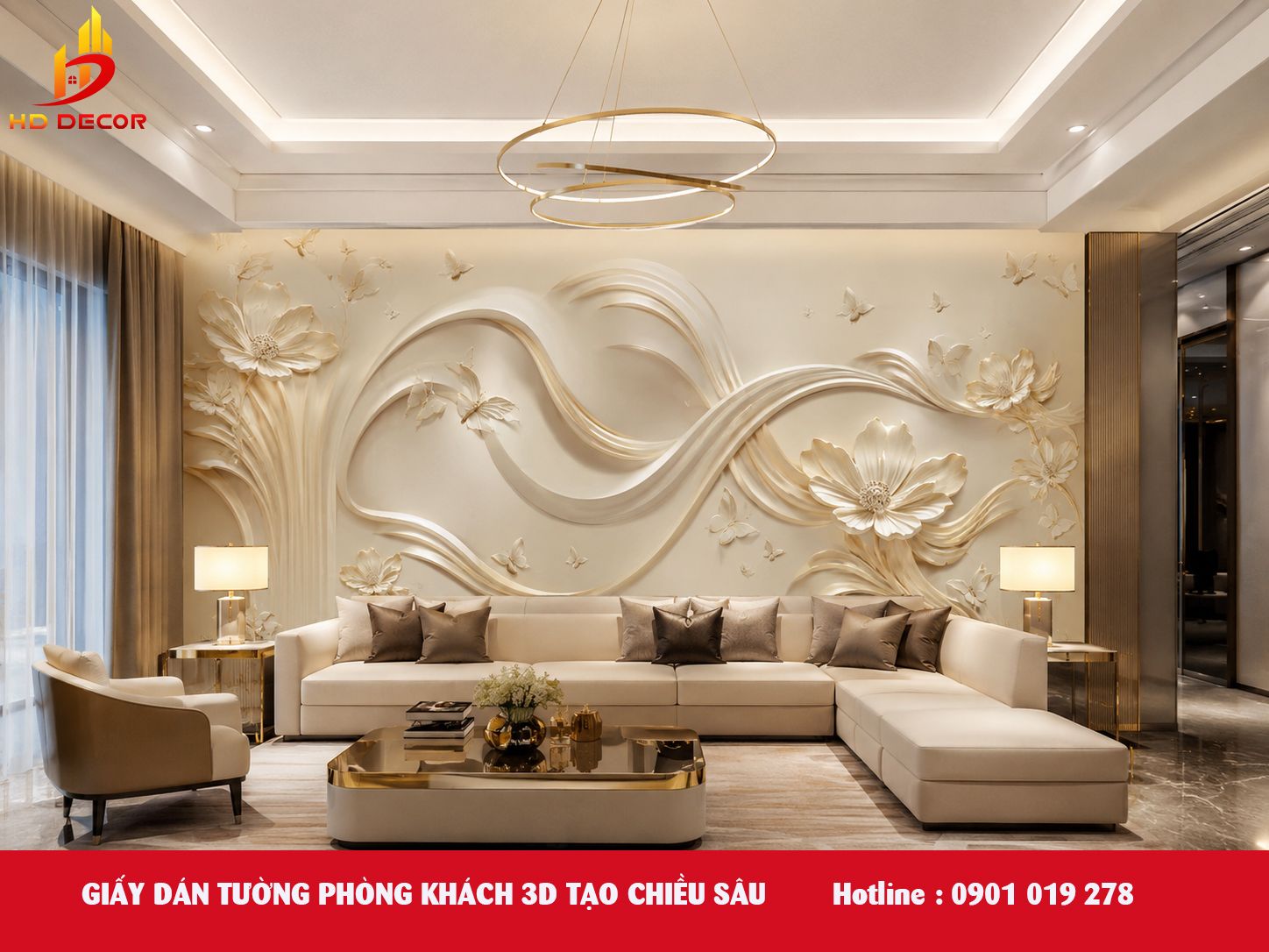 giấy dán tường phòng khách 3D chiều sâu 