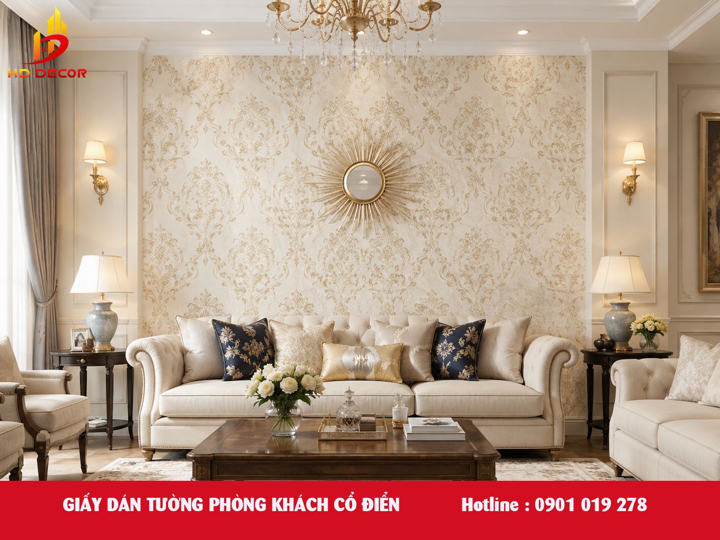 giấy dán tường phòng khách cổ điển 