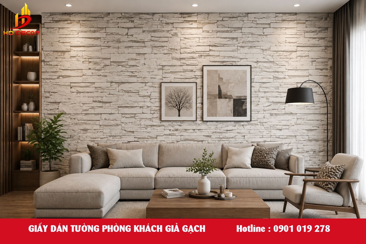 giấy dán tường phòng khách giả gạch 