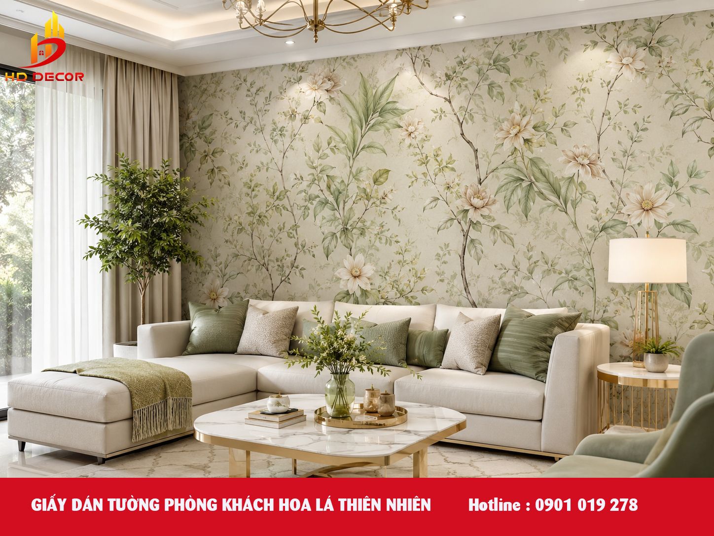 giấy dán tường phòng khách hoa lá thiên nhiên 