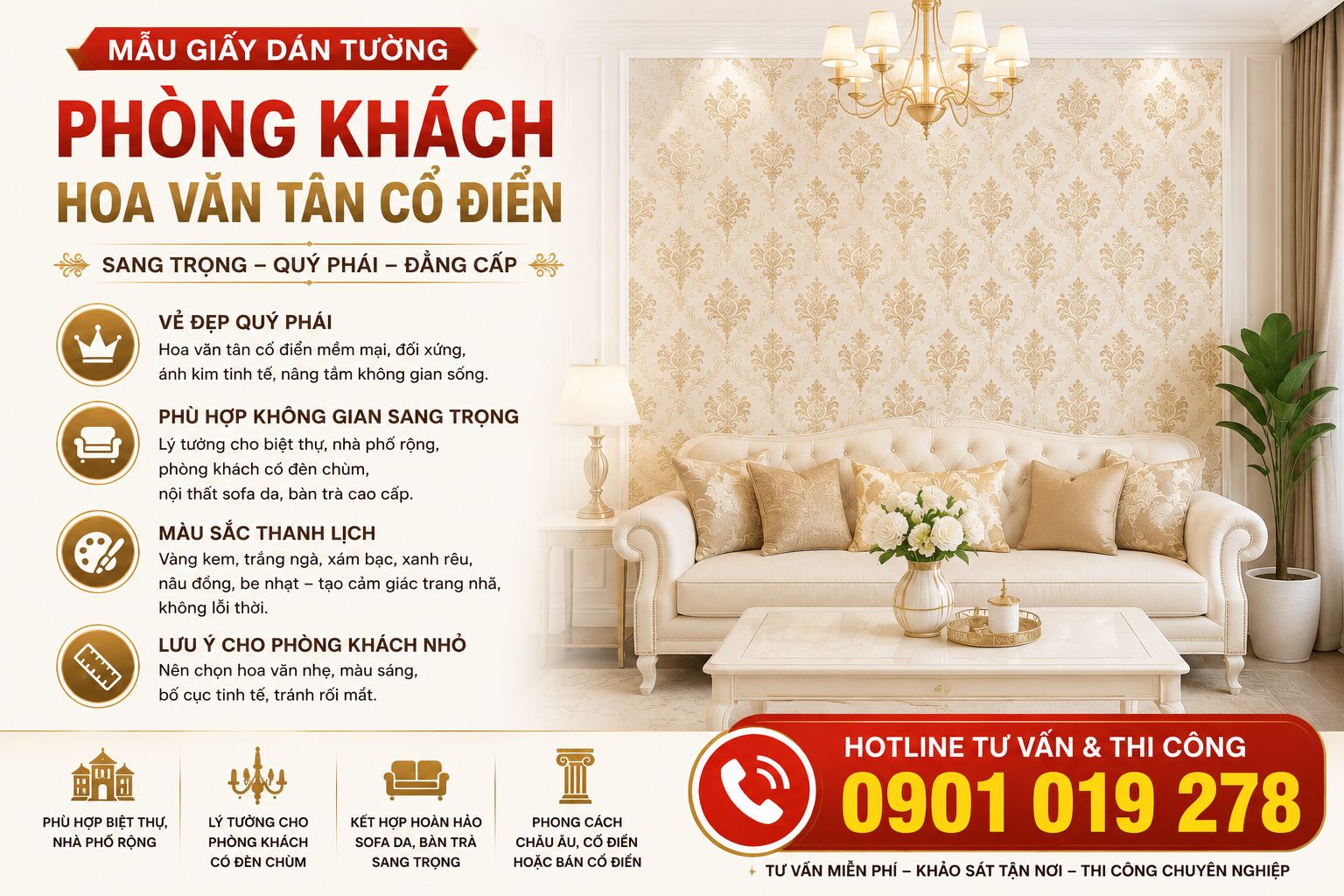 giấy dán tường phòng khách hoa văn cổ điển