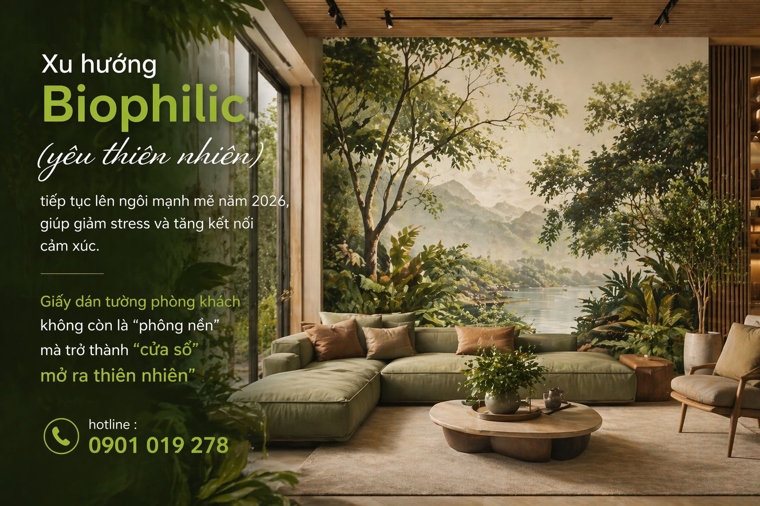 Giấy dán tường phòng khách không còn là “phông nền” mà trở thành “cửa sổ” mở ra thiên nhiên.