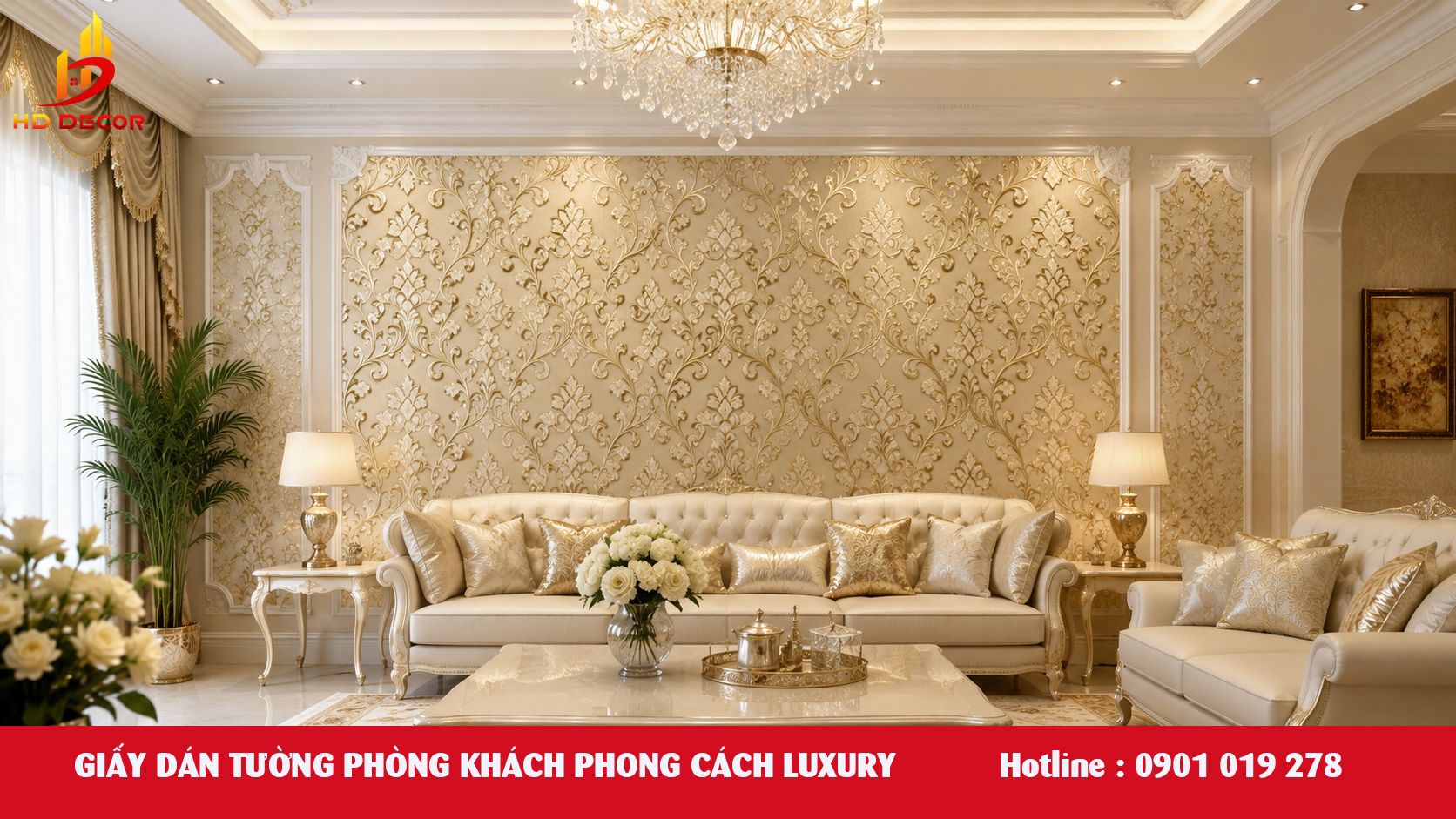 giấy dán tường phòng khách phong cách luxury 