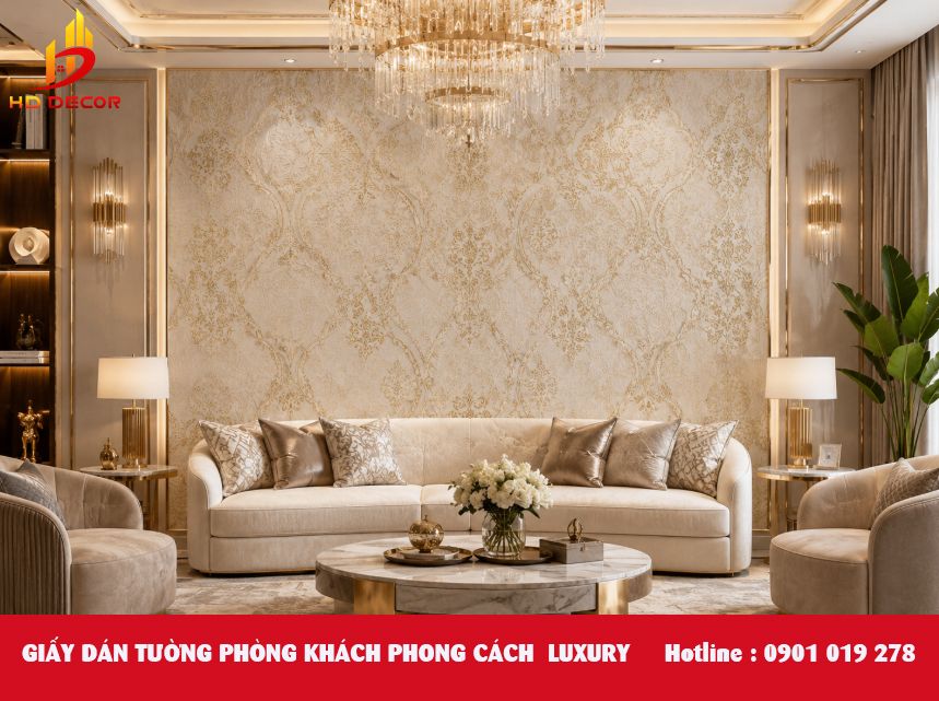 giấy dán tường phòng khách phong cách luxury