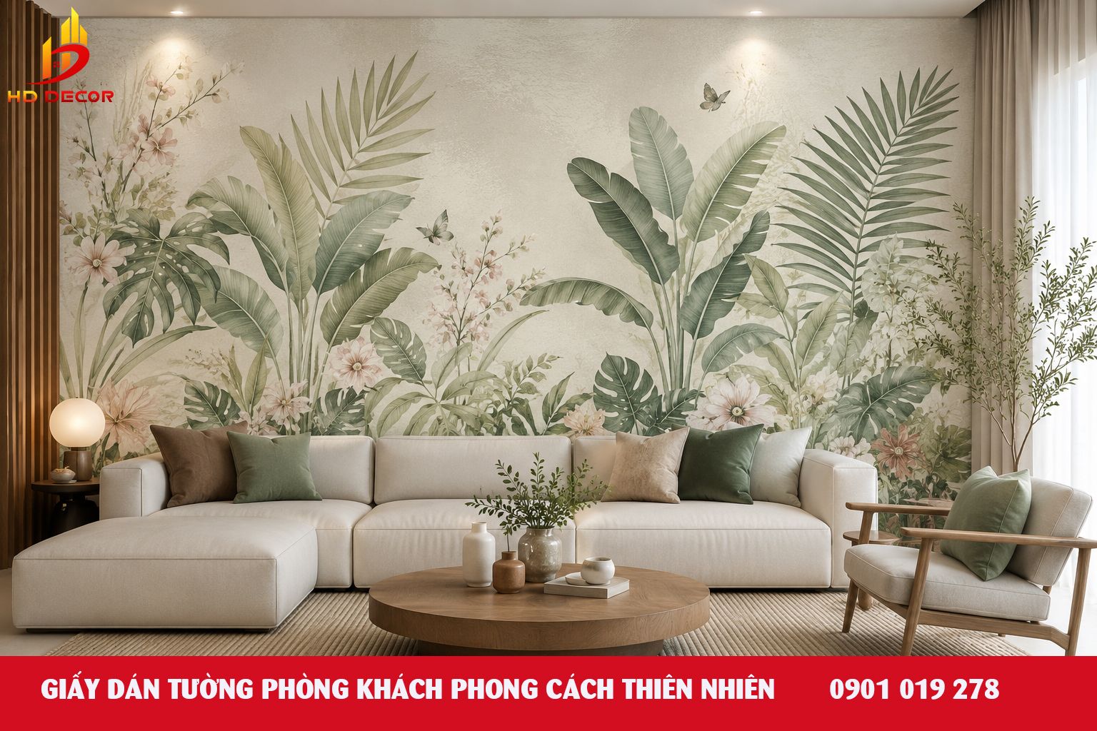 giấy dán tường phòng khách phong cách thiên nhiên 
