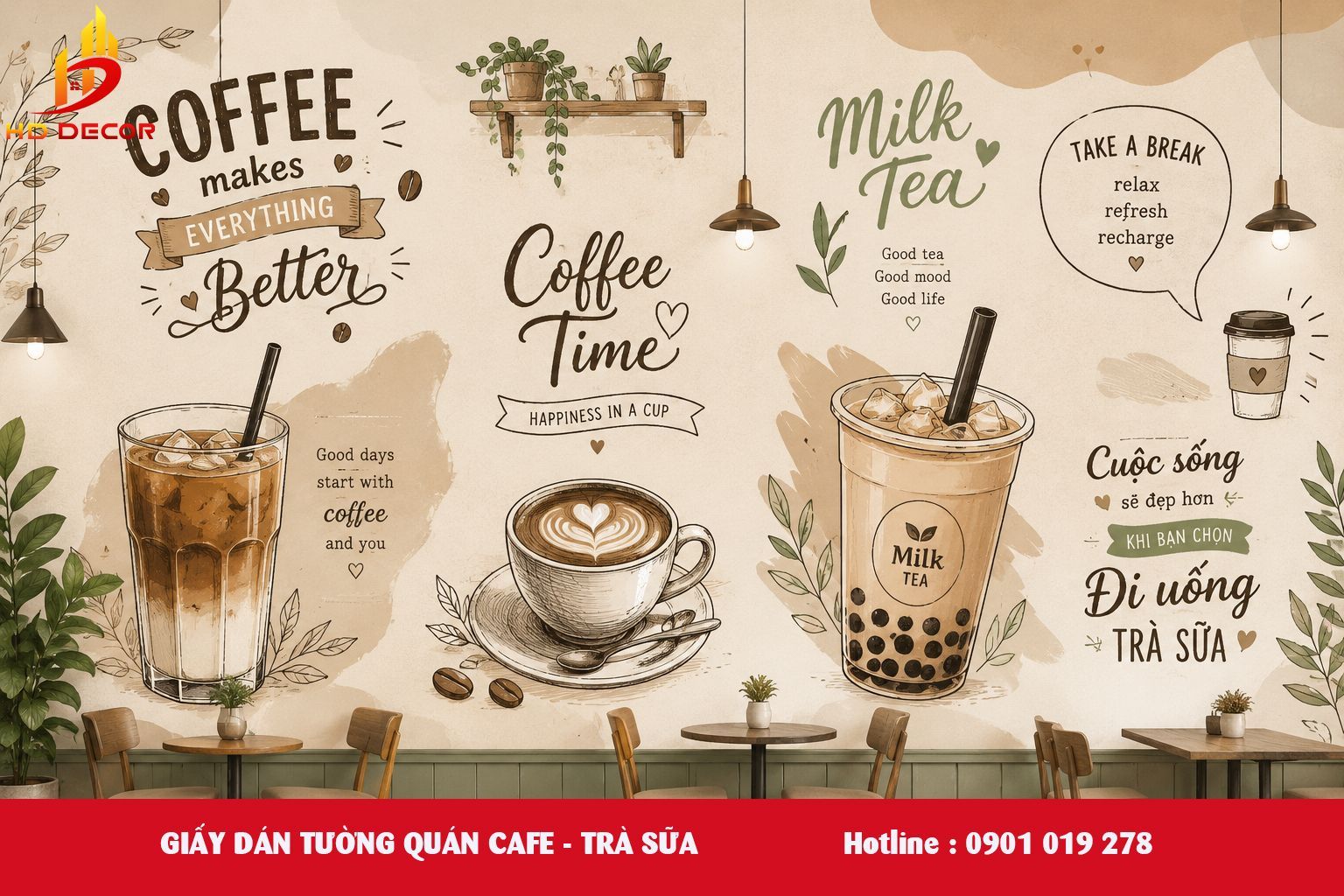 giấy dán tường quán cafe - trà sữa