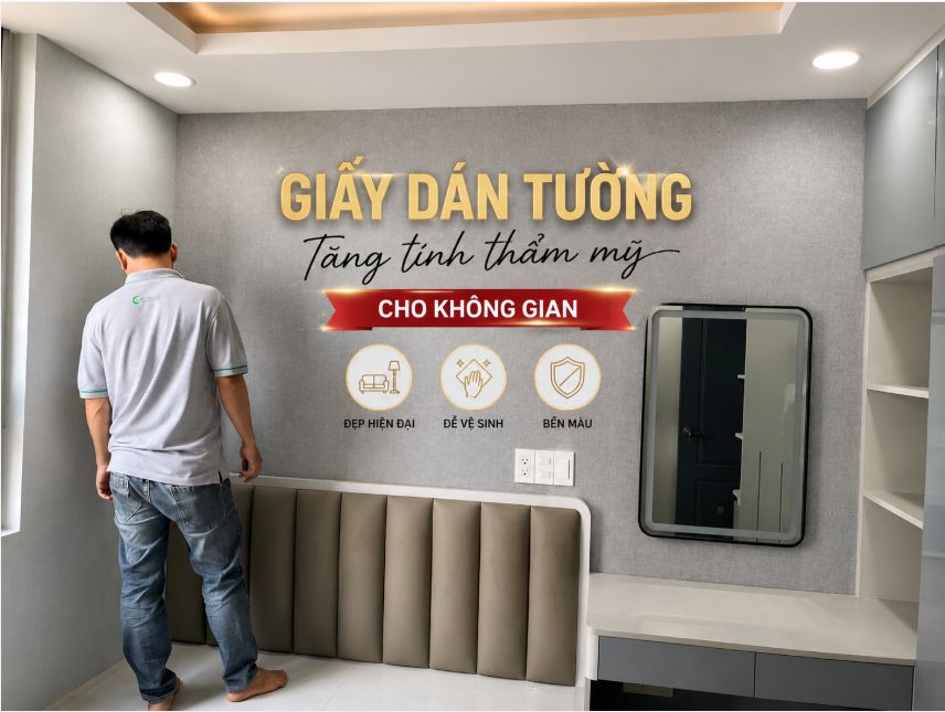 Giấy dán tường giả bê tông giúp tăng tính thẩm mỹ cho phòng ngủ hiện đại tại Bình Thạnh