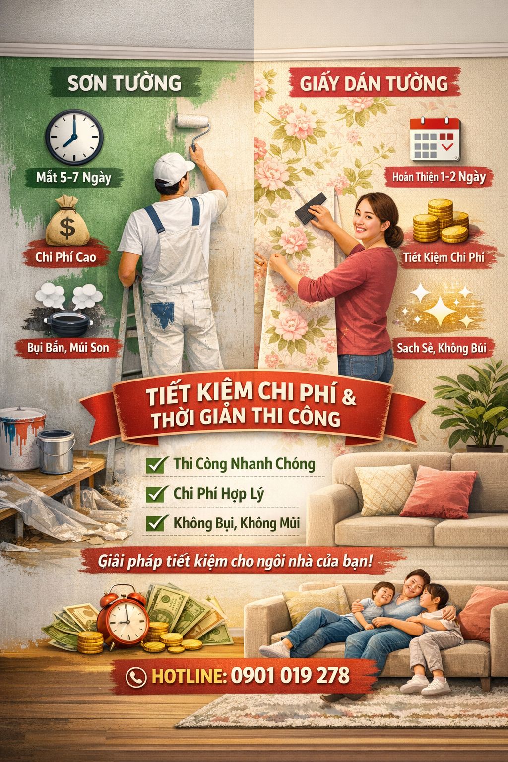 giấy dán tường tiết kiệm chi phí và thời gian thi công