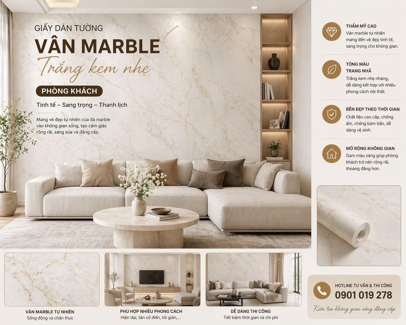 giấy dán tường Vân marble trắng kem nhẹ 