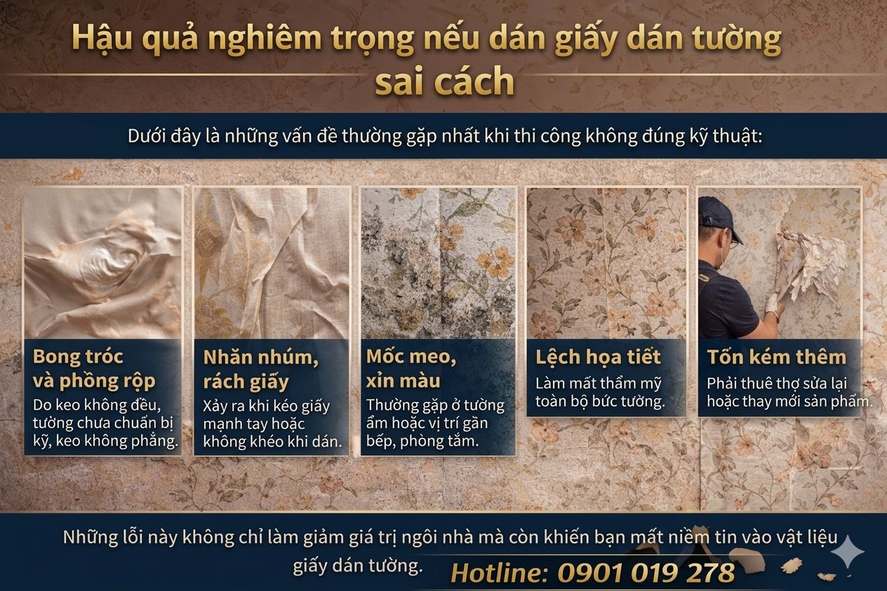 hậu quả nghiêm trọng khi dán giấy dán tường sai cách 