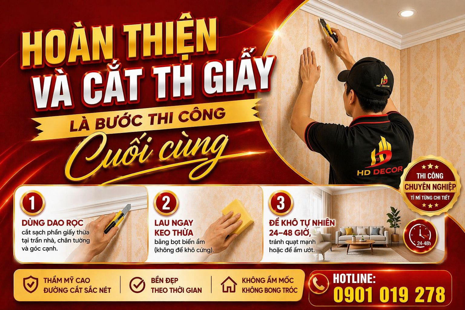 Hoàn thiện và cắt giấy là bước thi công cuối cùng 