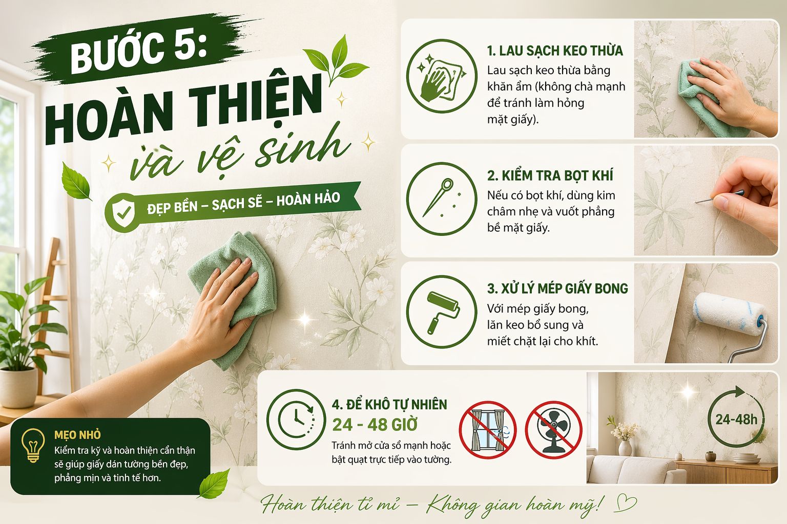 hoàn thiện và dọn dẹp vệ sinh sau khi thi công giấy dán tường