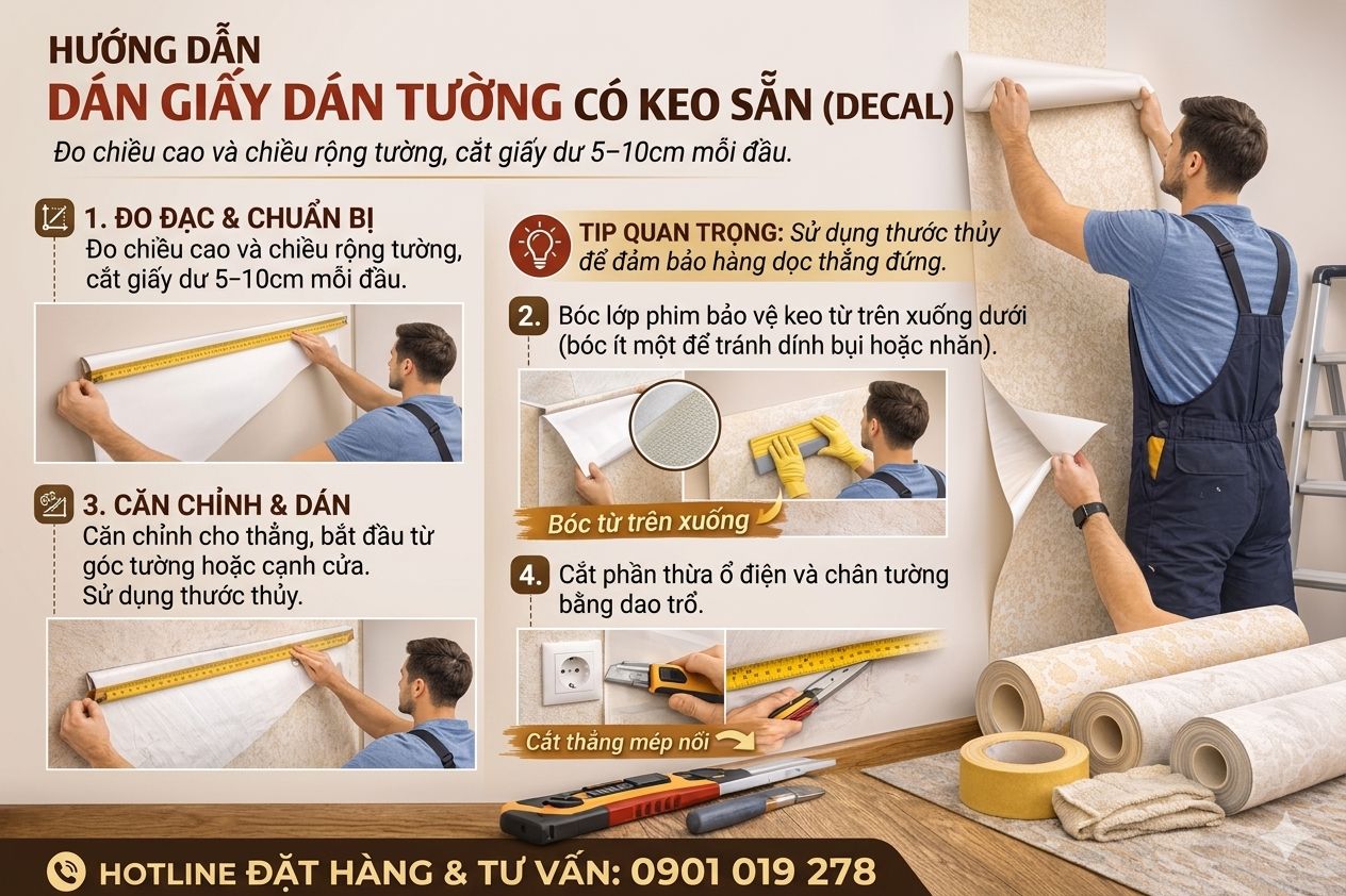 hướng dẫn thi công giấy dán tường có keo sẵn