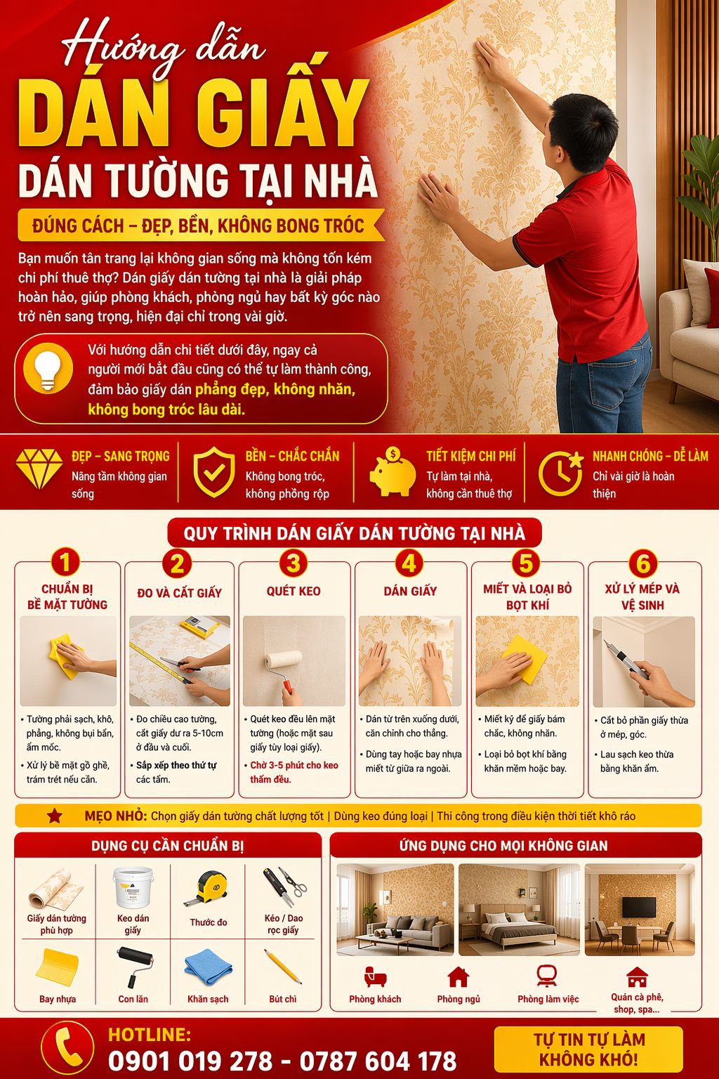 hướng dẫn thi công giấy dán tường tại nhà tiết kiệm chi phí 