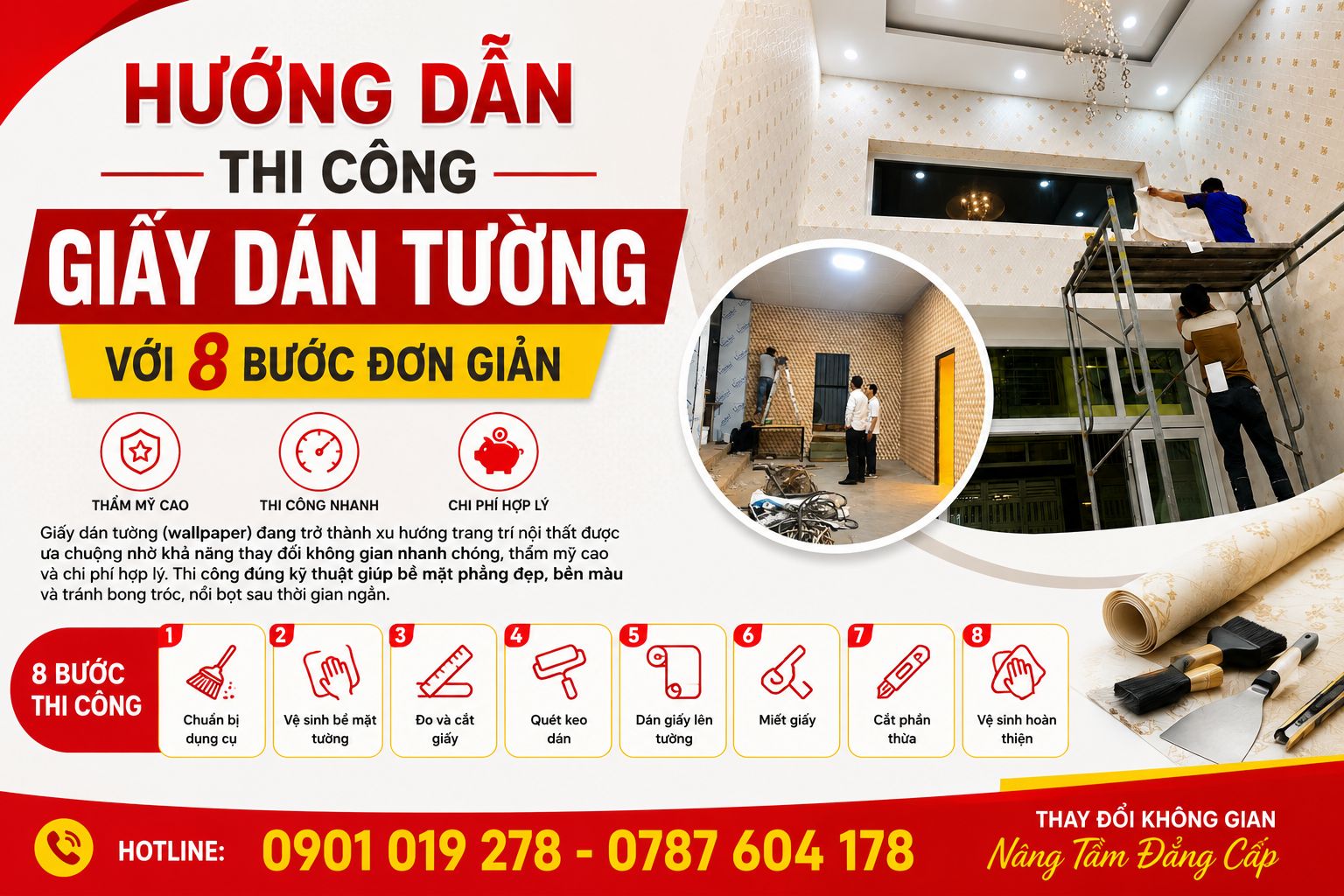hướng dẫn thi công giấy dán tường theo 8 bước đơn giản 