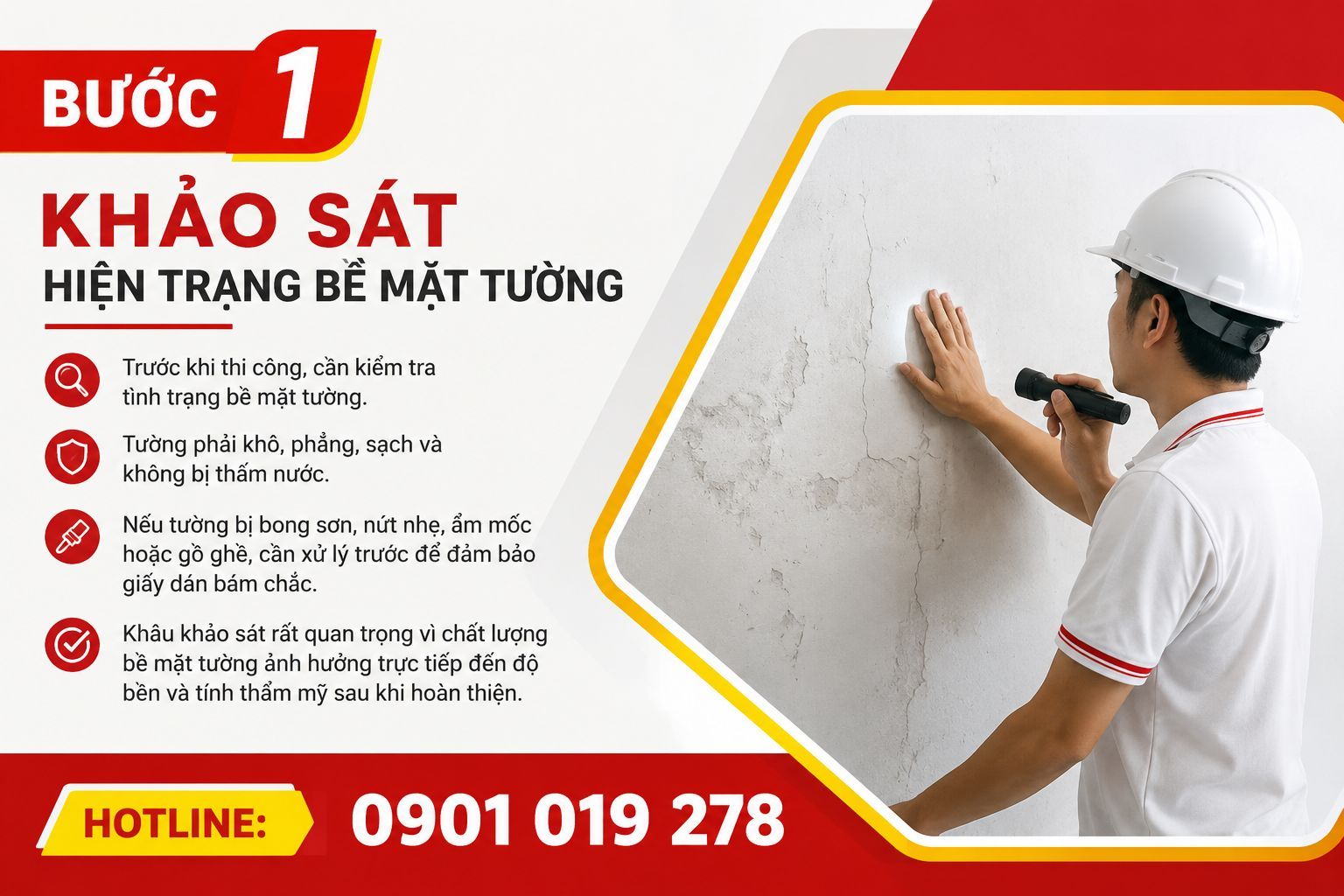 khảo sát hiện trạng bề mặt tường trước khi thi công giấy dán tường 