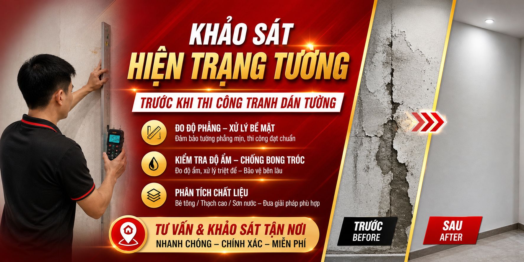 khảo sát hiện trạng tường trước khi thi công tranh dán tường