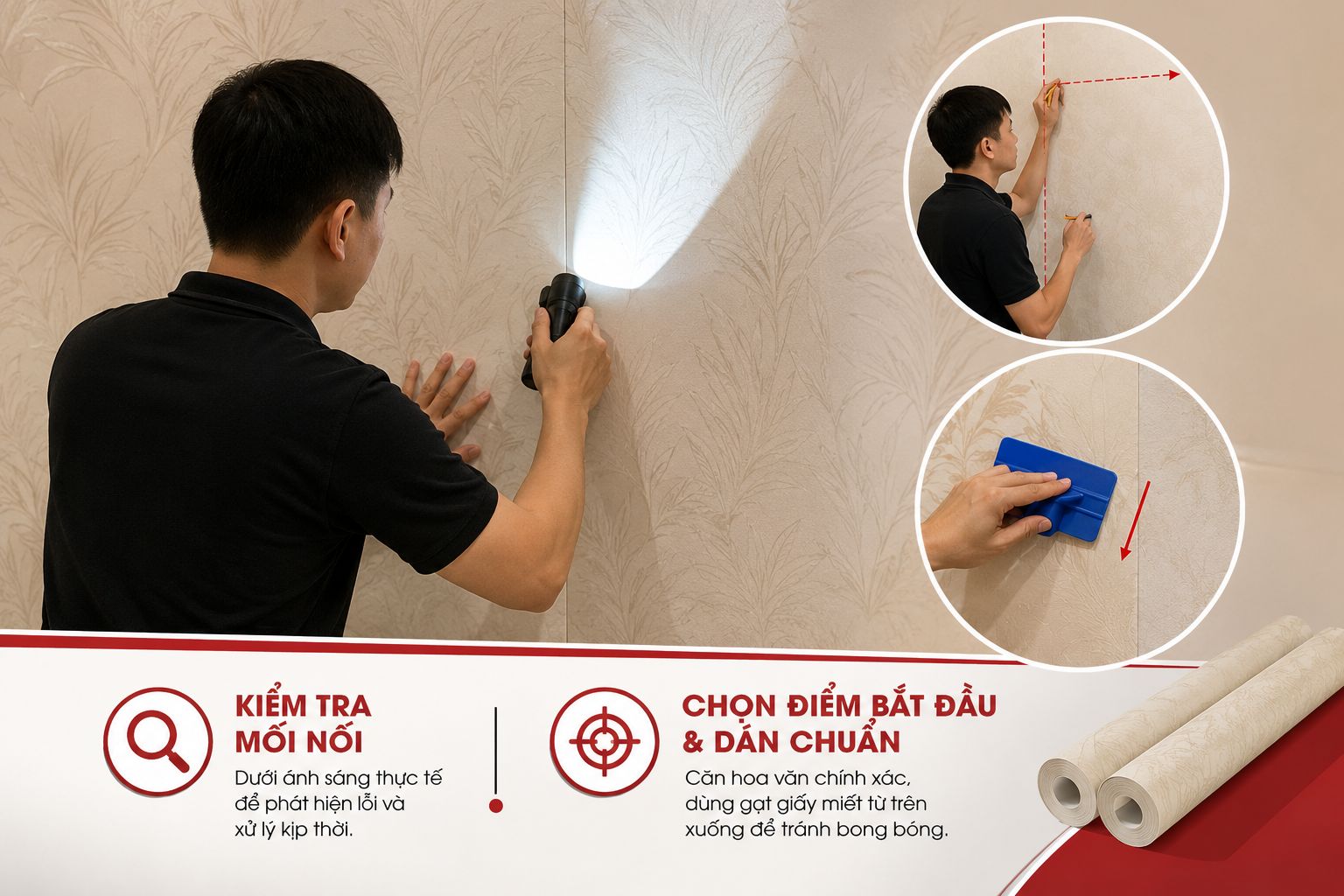 kiểm tra mối nối sau khi thi công giấy dán tường