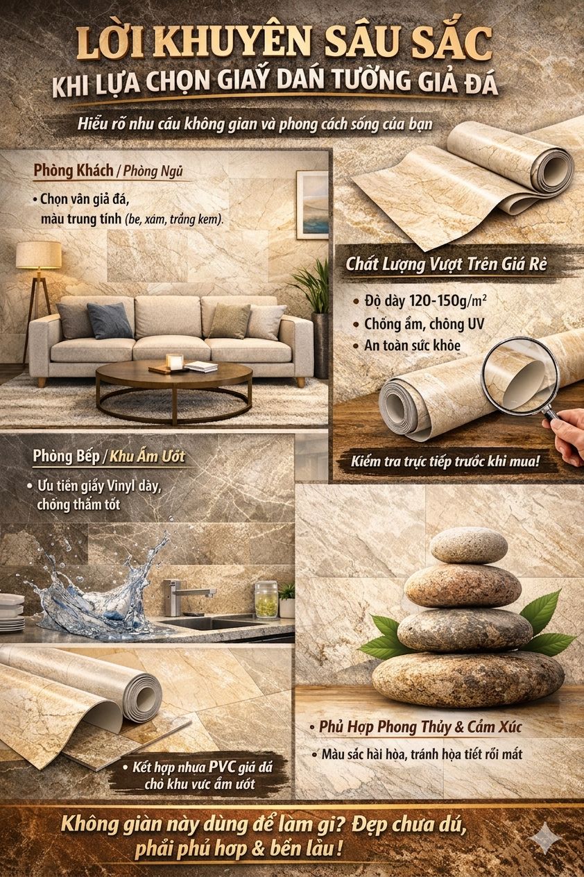 lưu ý khi chọn và thi công giấy dán tường giả đá 