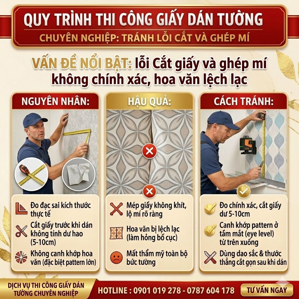lỗi cắt giấy và ghép mí không chính xác thi công công giấy dán tường 