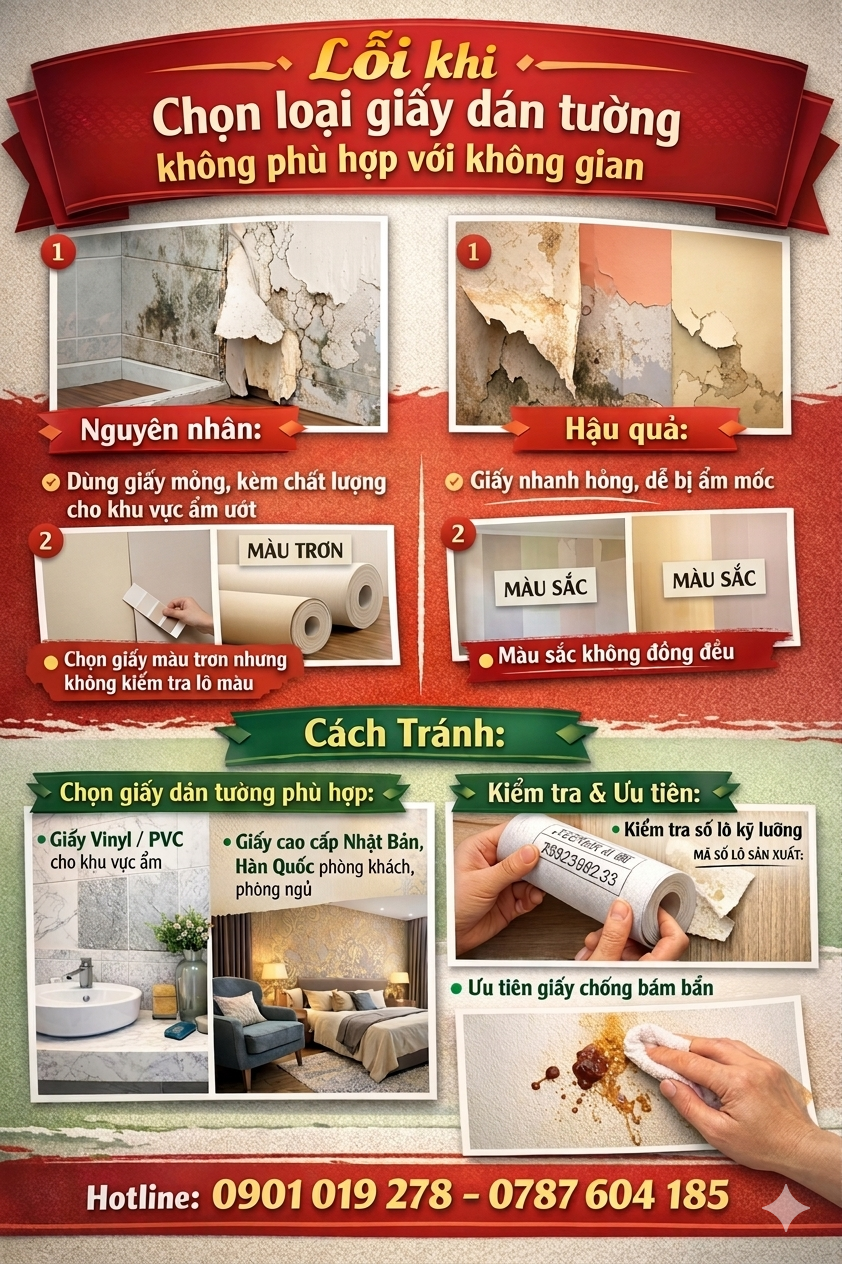 lỗi khi chọn sai giấy dán tường không phù hợp với không gian 