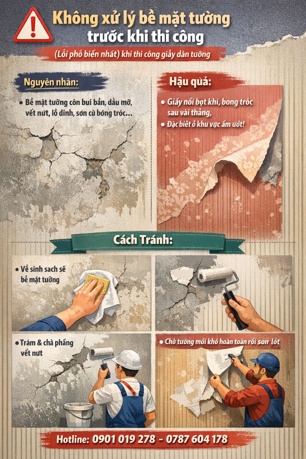 lỗi không sử lý bề mặt tường trước khi thi công giấy dán tường 