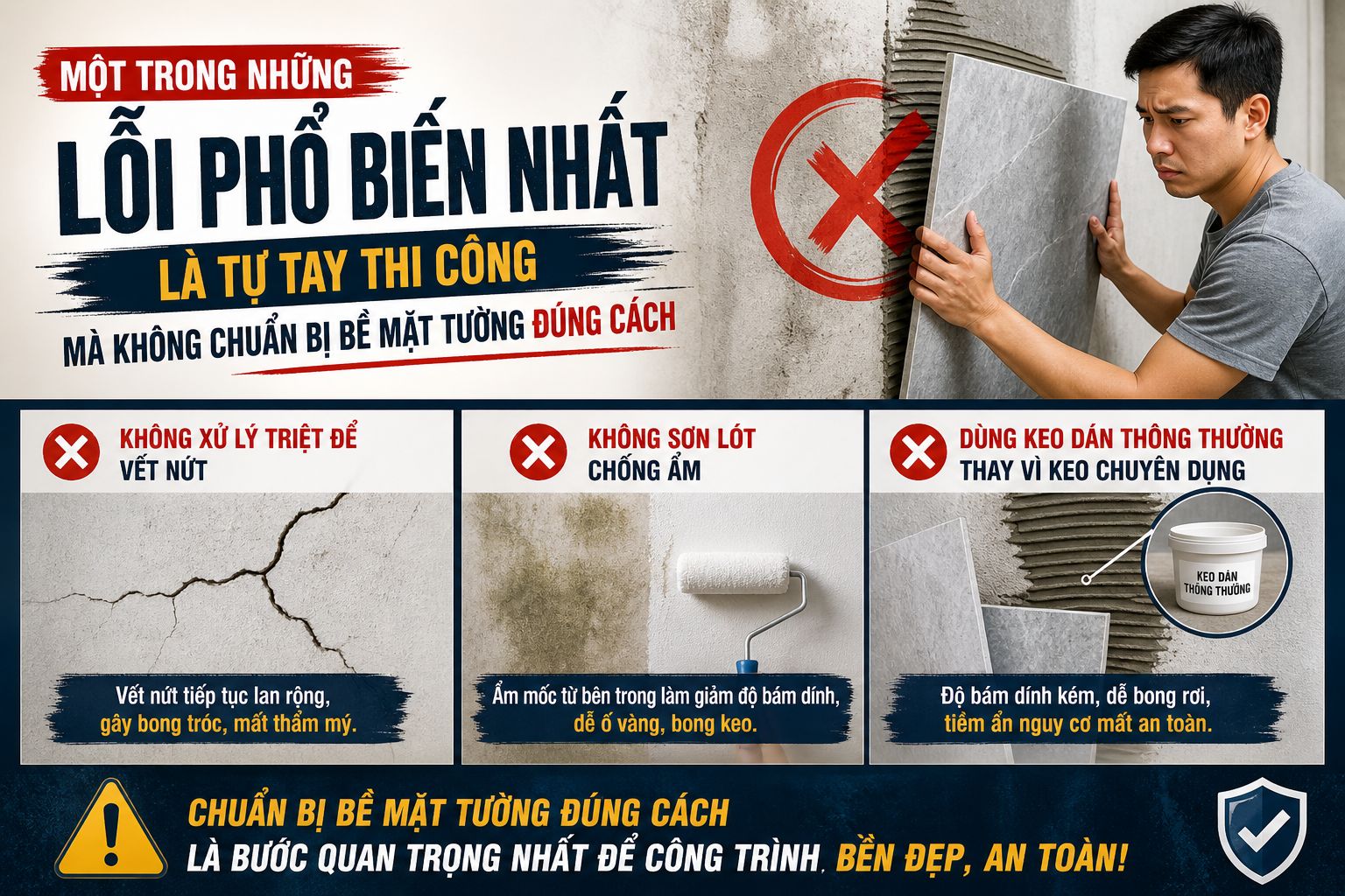 lỗi phổ biến khi thi công tranh dán tường là không chuẩn bị bề mặt tường