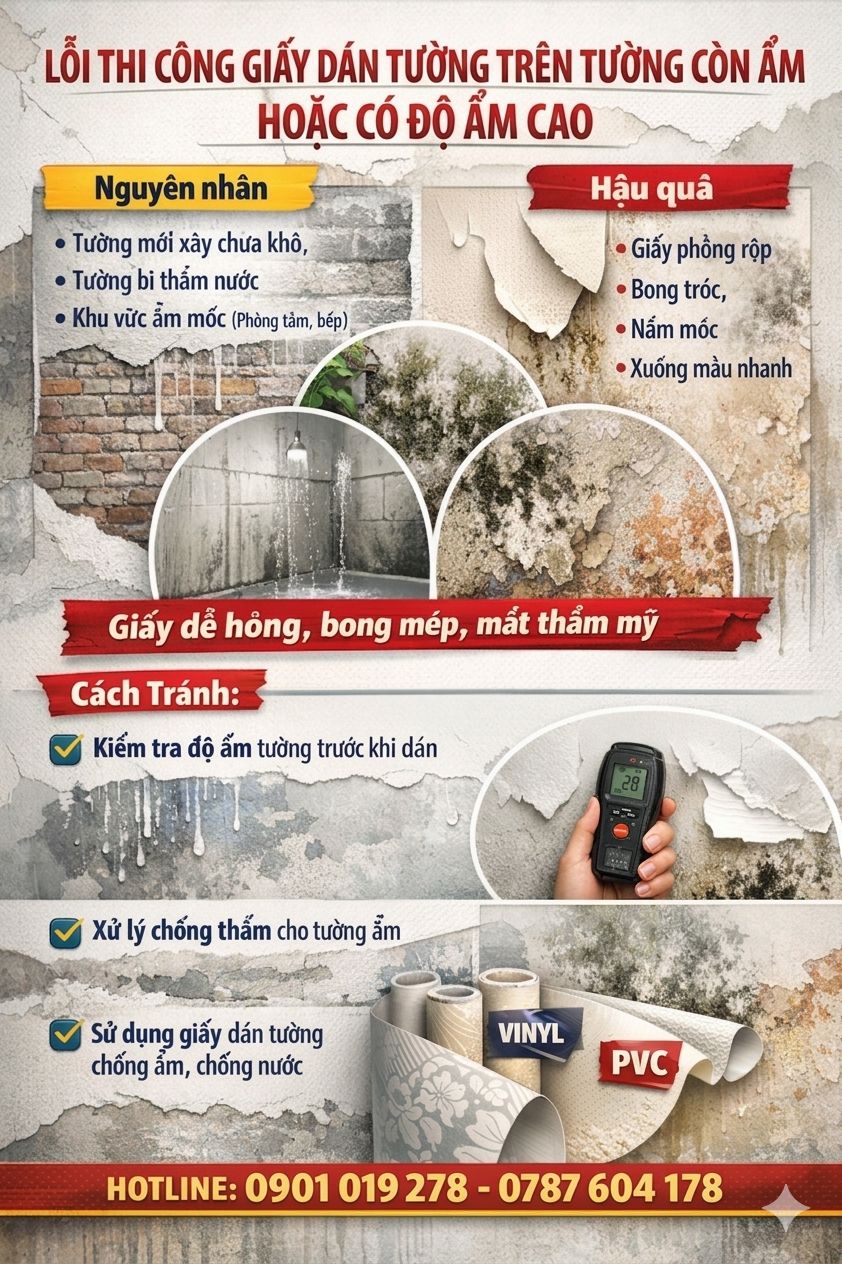 lỗi thi công giấy dán tường khi tường còn ẩm hoặc có độ ẩm thấp 