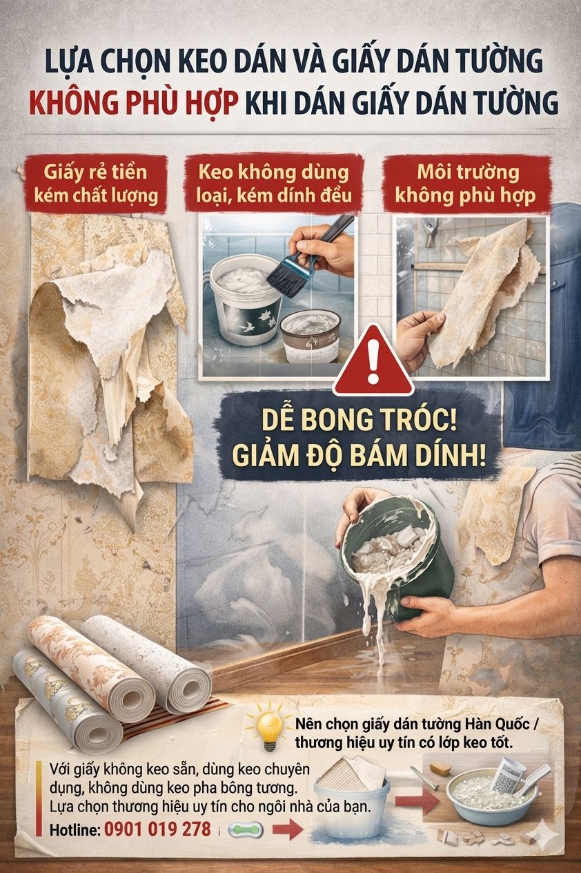 lựa chọn keo và giấy dán tường không phù hợp khi dán giấy dán tường