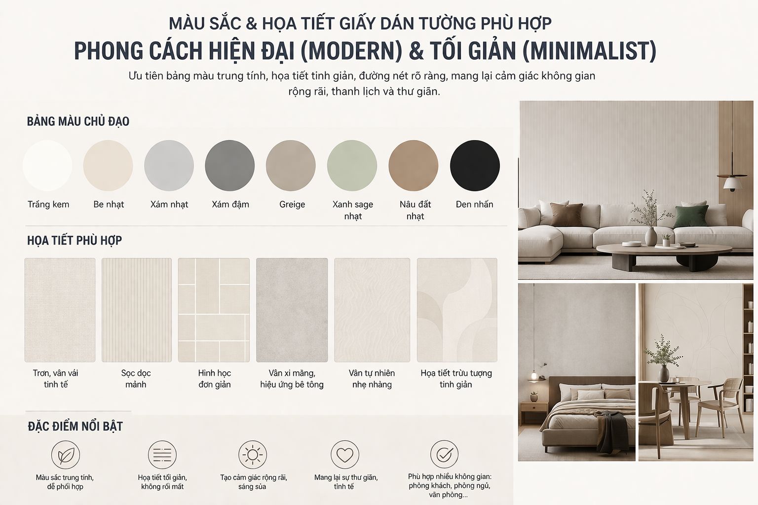 màu sắc và họa tiết giấy dán tường Phong cách Hiện đại (Modern) & Tối giản (Minimalist)