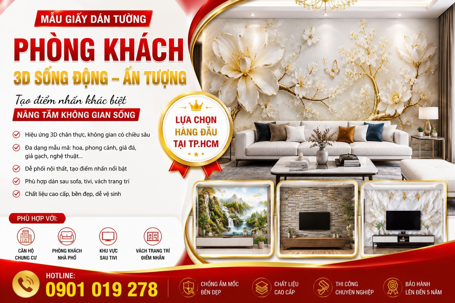 mẫu giấy dán tường 3D phòng khách